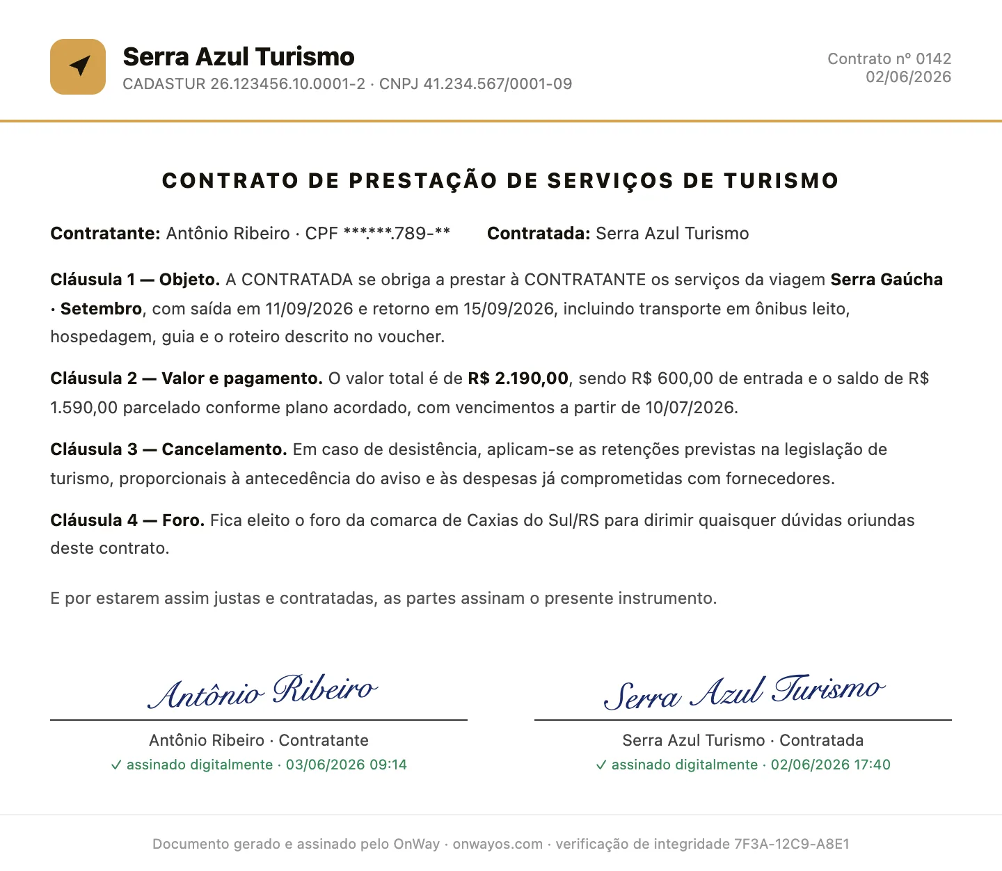 Contrato de prestação de serviços de turismo gerado pelo OnWay, com dados do contratante, cláusulas de objeto, valor e pagamento, cancelamento e foro, e assinatura digital do passageiro e da agência com data e verificação