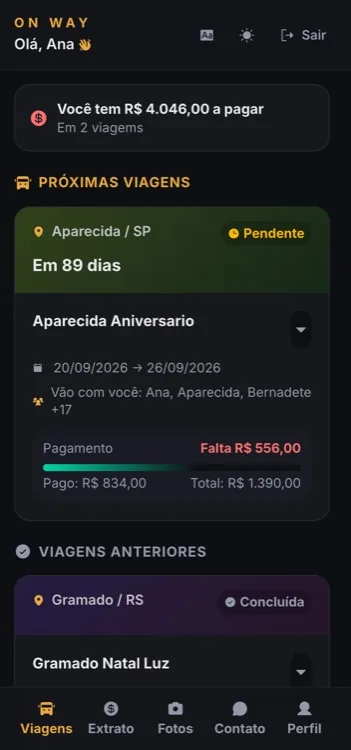 Portal do Passageiro do OnWay no celular: o cliente logado vê a próxima viagem, o saldo a pagar, quem mais vai junto e suas viagens anteriores