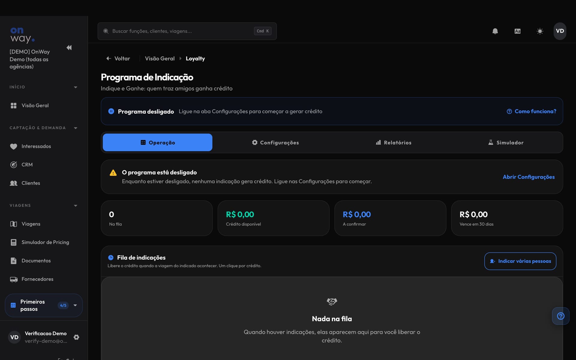 Configuração do programa de indicação do OnWay: prêmio por indicado, prêmio maior, cortesia e validade do crédito