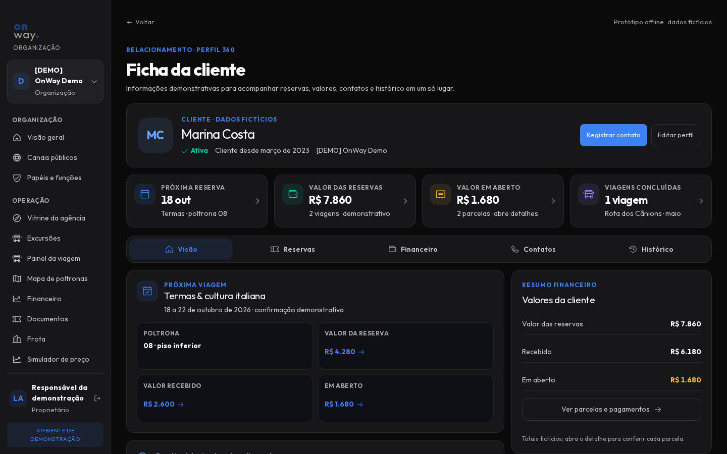 Perfil do cliente no protótipo offline do OnWay; dados fictícios