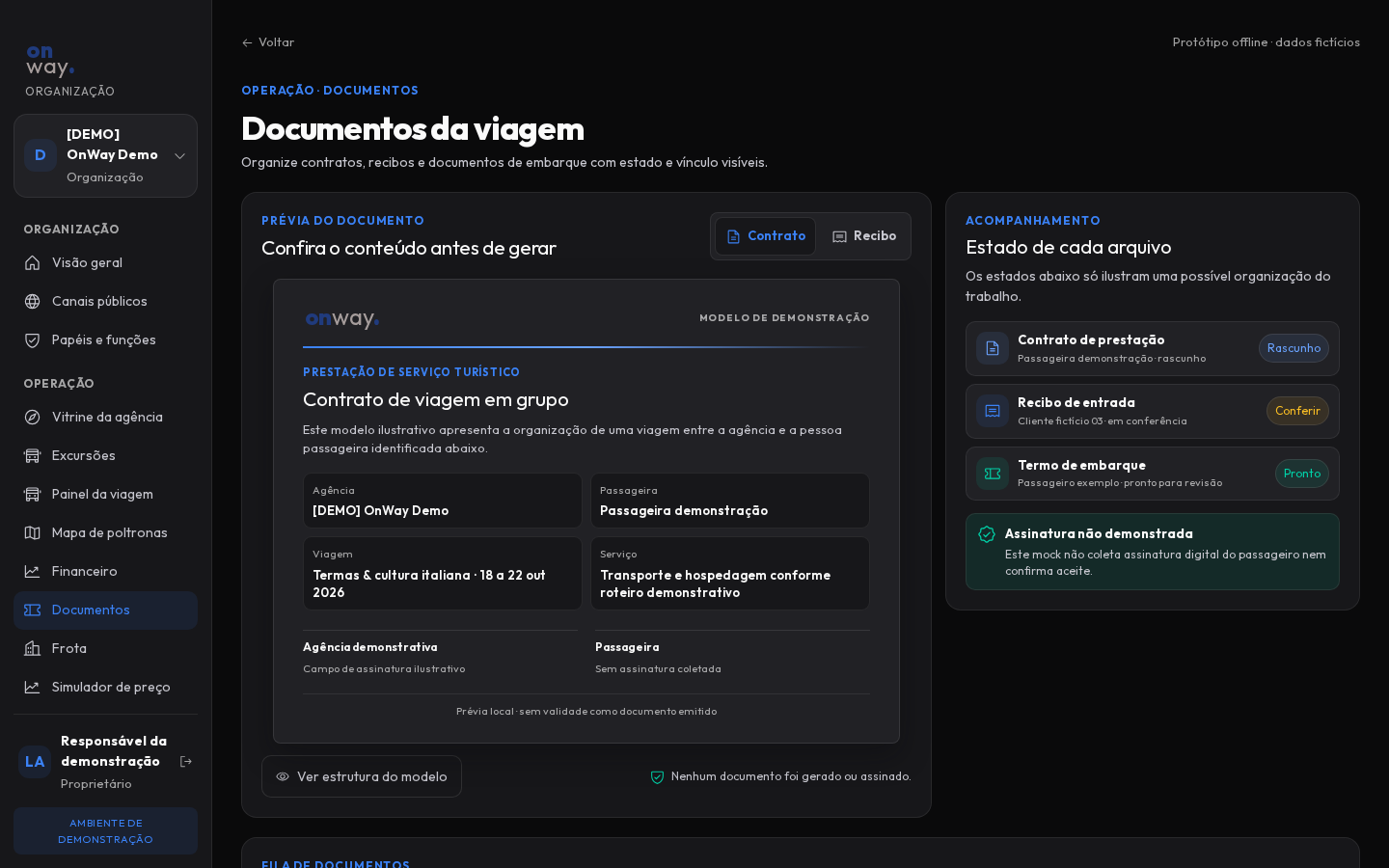 Fila de documentos da viagem no protótipo offline do OnWay; dados fictícios