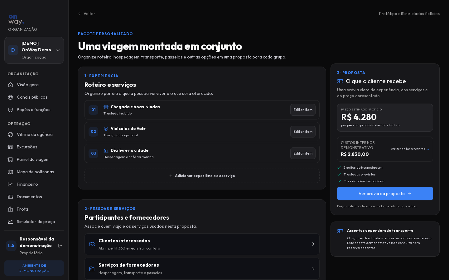 Painel de pacote personalizado no protótipo offline do OnWay; dados fictícios