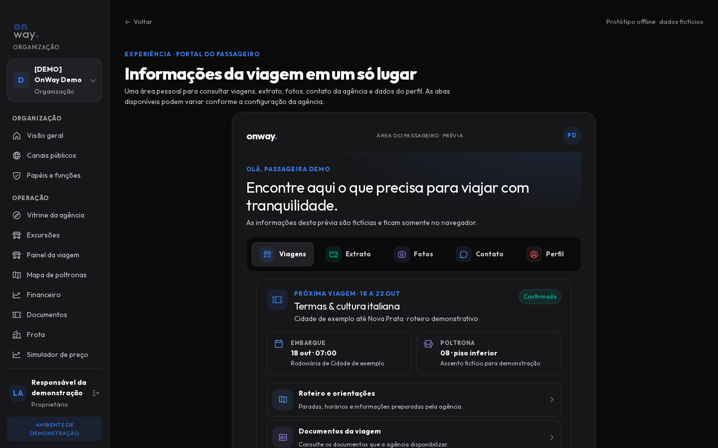 Prévia do portal do passageiro no protótipo offline do OnWay; dados fictícios