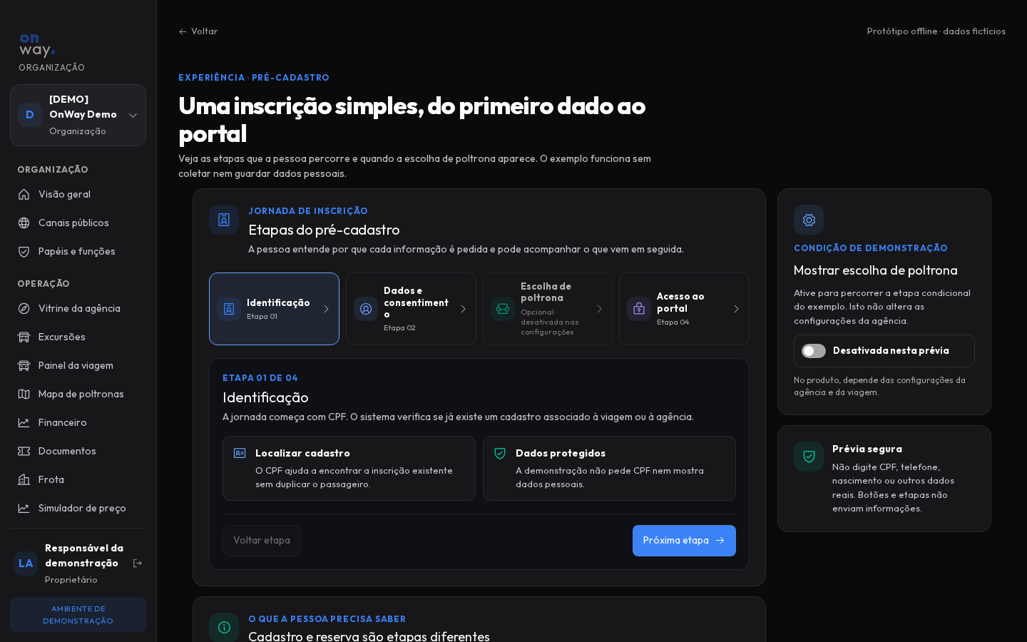 Tela de pré-cadastro do passageiro no protótipo offline do OnWay; dados fictícios