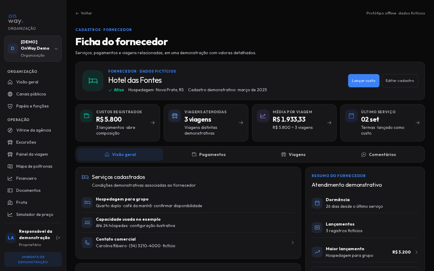 Perfil do fornecedor no protótipo offline do OnWay; dados fictícios